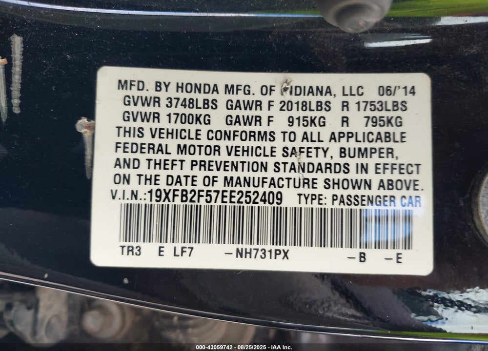 2014 HONDA CIVIC VIN: 19XFB2F57EE252409