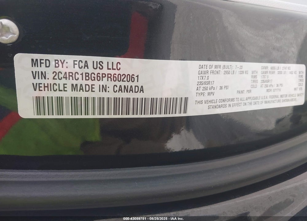 2023 CHRYSLER PACIFICA TOURING L VIN: 2C4RC1BG6PR602061