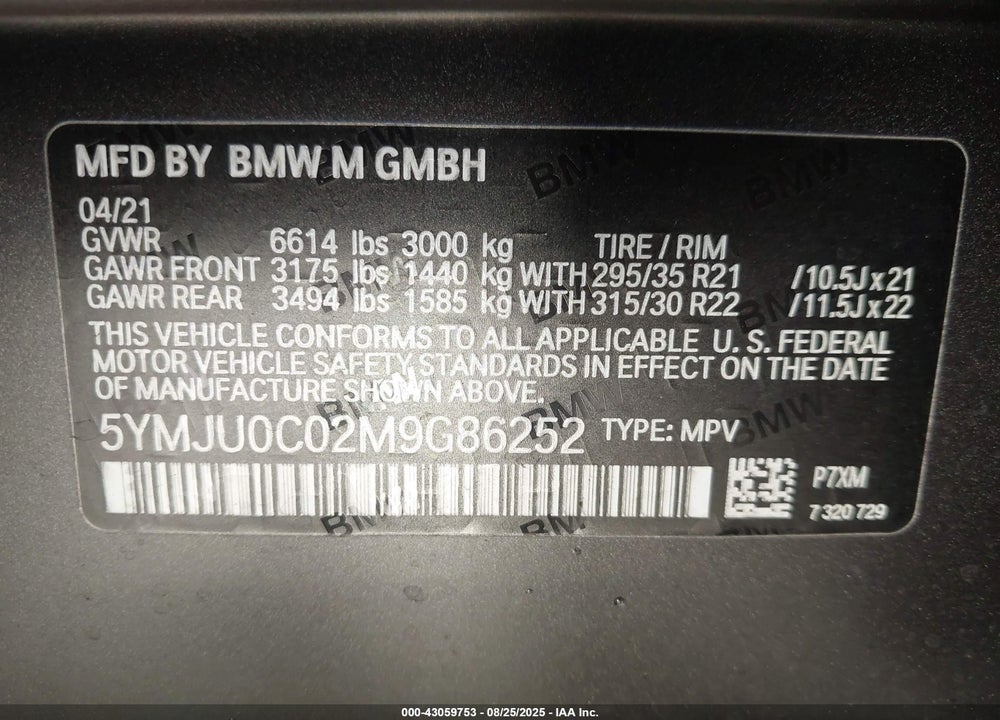 2021 BMW X5 VIN: 5YMJU0C02M9G86252