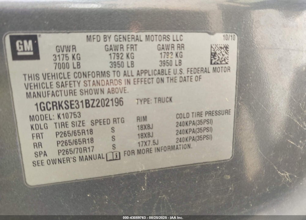 2011 CHEVROLET SILVERADO 1500 VIN: 1GCRKSE31BZ202196