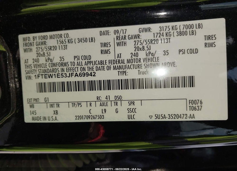 2018 FORD F-150 VIN: 1FTEW1E53JFA69942