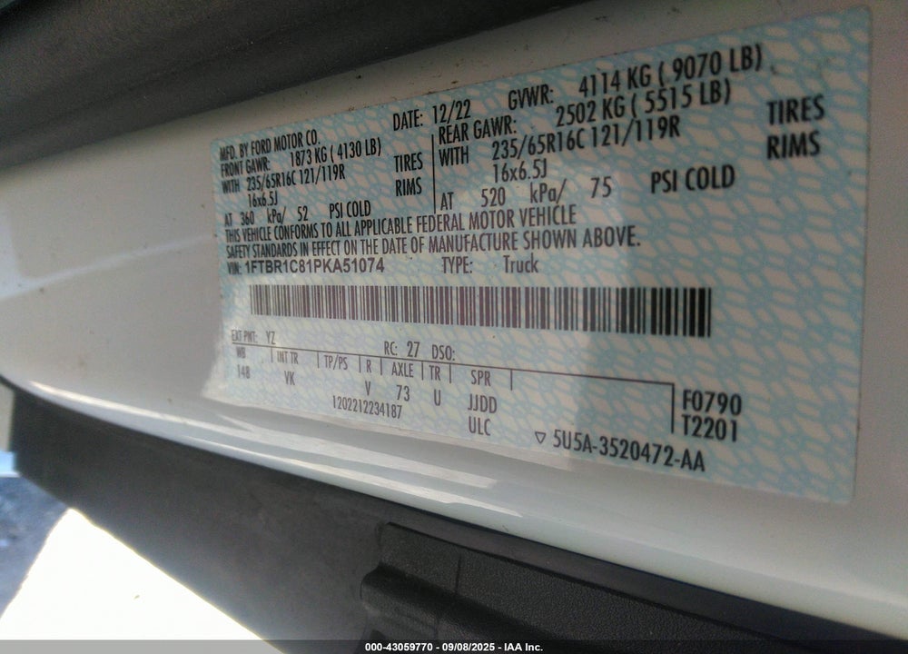 2023 FORD TRANSIT-250 VIN: 1FTBR1C81PKA51074