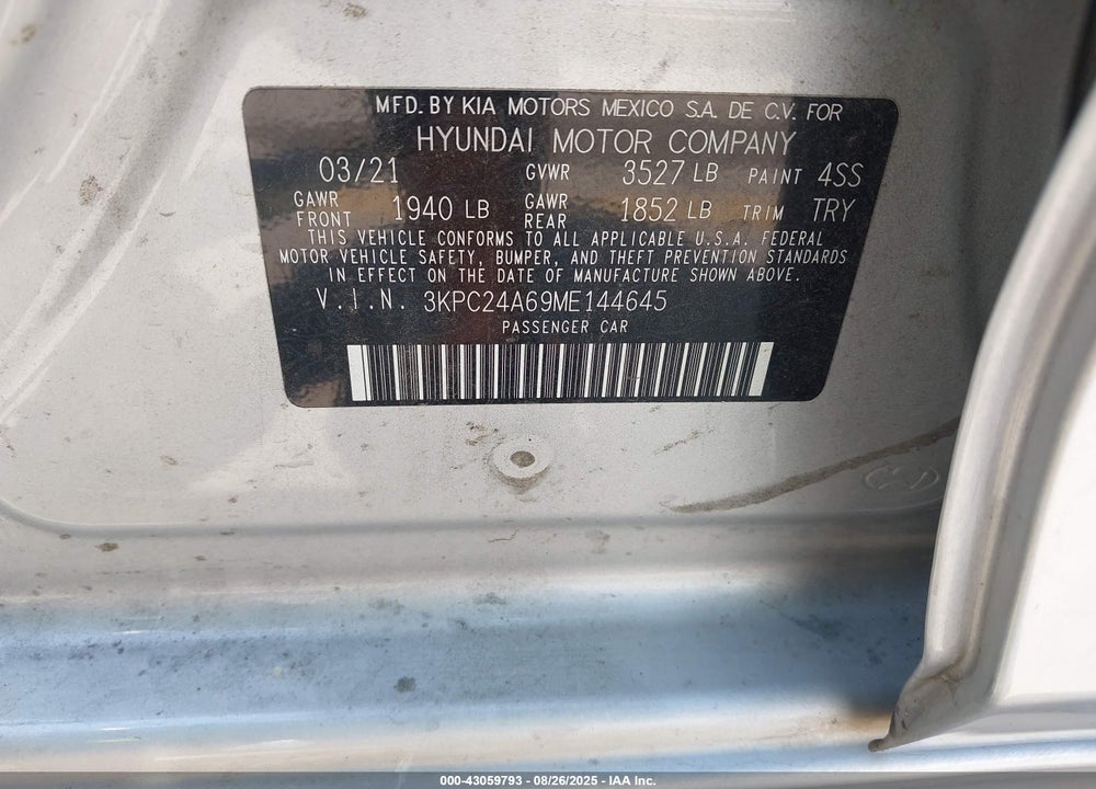 2021 HYUNDAI ACCENT SE VIN: 3KPC24A69ME144645