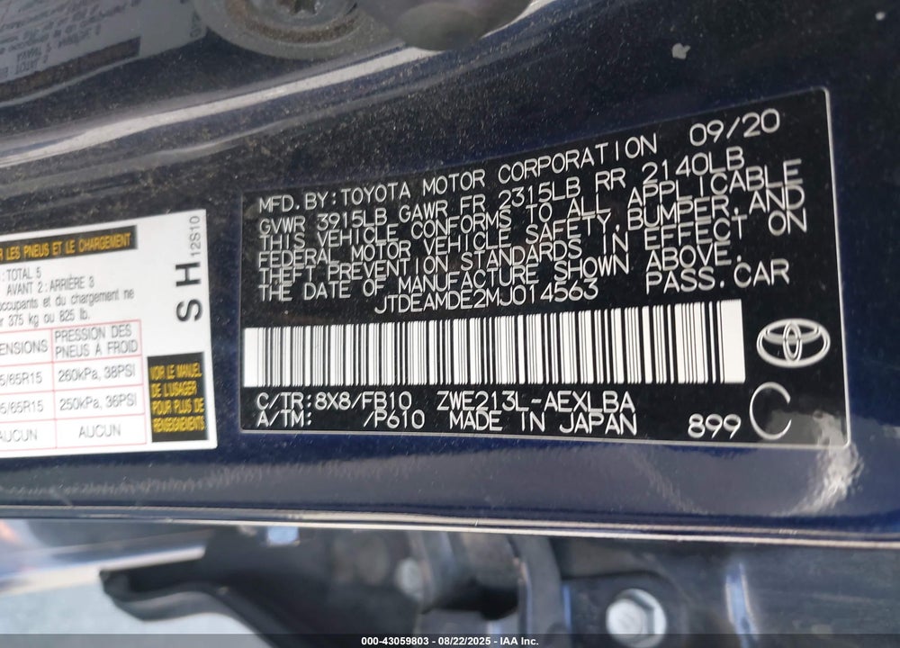 2021 TOYOTA COROLLA VIN: JTDEAMDE2MJ014563