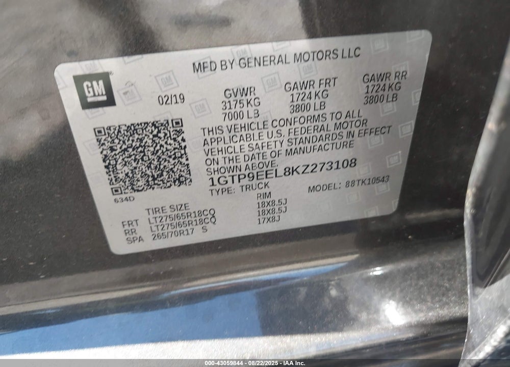 2019 GMC SIERRA 1500 VIN: 1GTP9EEL8KZ273108