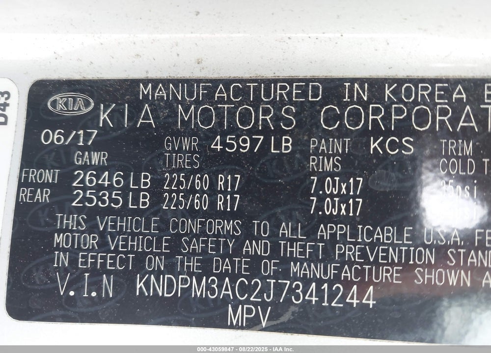 2018 KIA SPORTAGE LX VIN: KNDPM3AC2J7341244