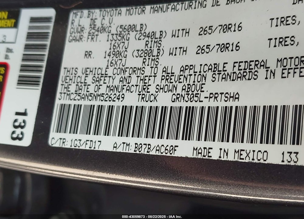 2022 TOYOTA TACOMA TRD OFF ROAD VIN: 3TMCZ5AN5NM526249