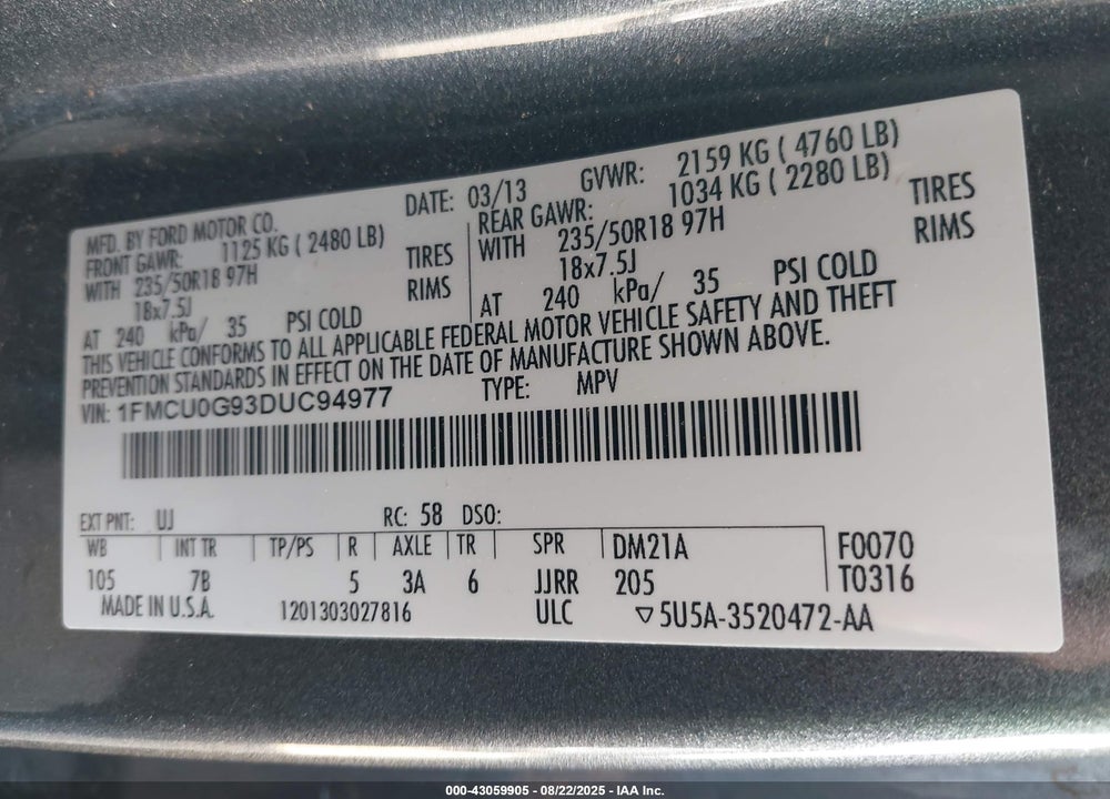 2013 FORD ESCAPE VIN: 1FMCU0G93DUC94977