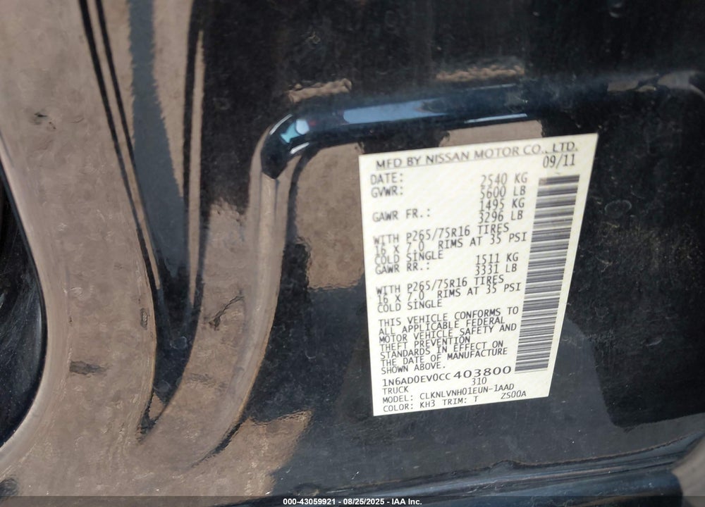 2012 NISSAN FRONTIER VIN: 1N6AD0EV0CC403800