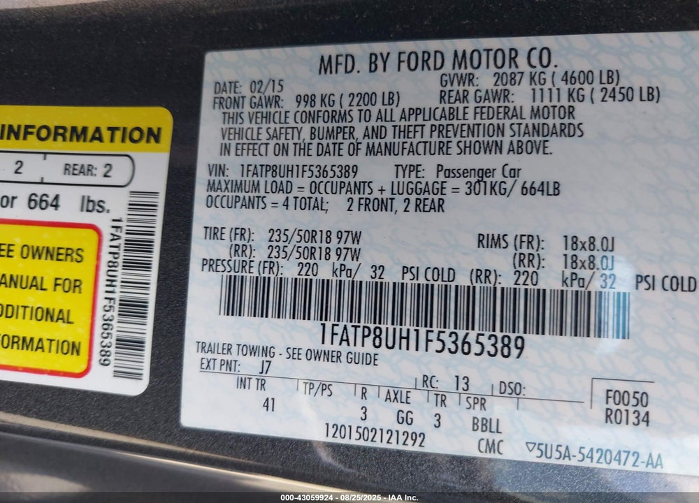 2015 FORD MUSTANG VIN: 1FATP8UH1F5365389