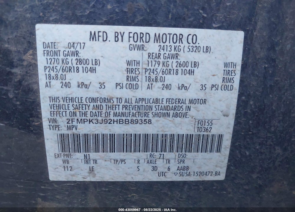 2017 FORD EDGE SEL VIN: 2FMPK3J92HBB89358