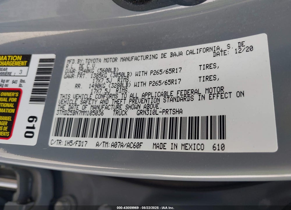 2021 TOYOTA TACOMA VIN: 3TMDZ5BN7MM105036