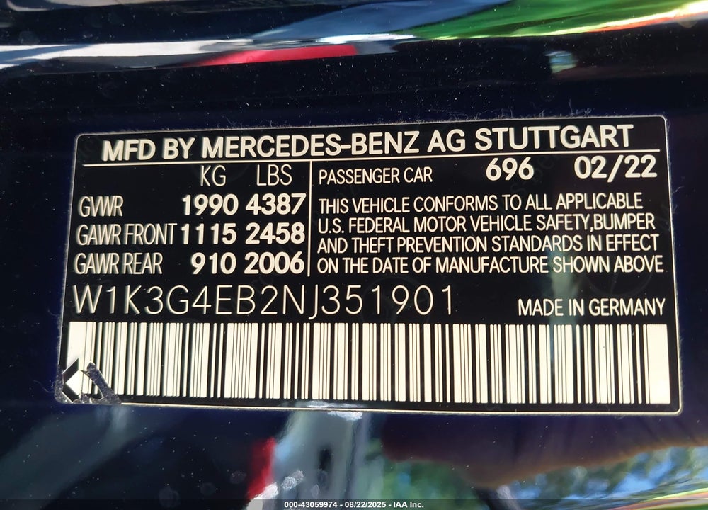 2022 MERCEDES-BENZ A-CLASS VIN: W1K3G4EB2NJ351901