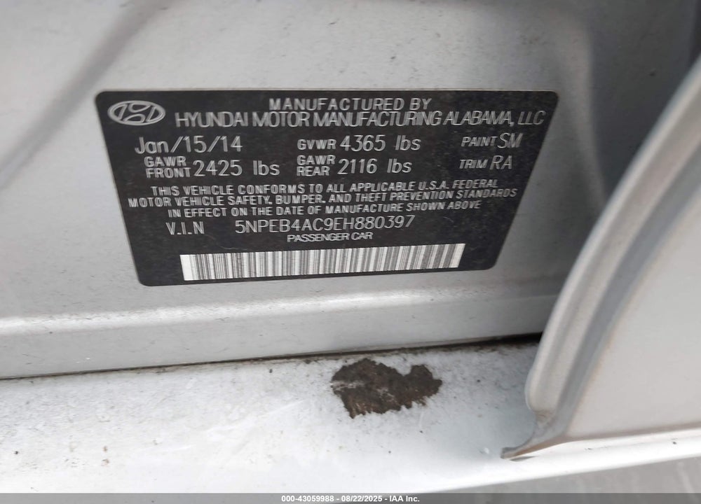2014 HYUNDAI SONATA VIN: 5NPEB4AC9EH880397