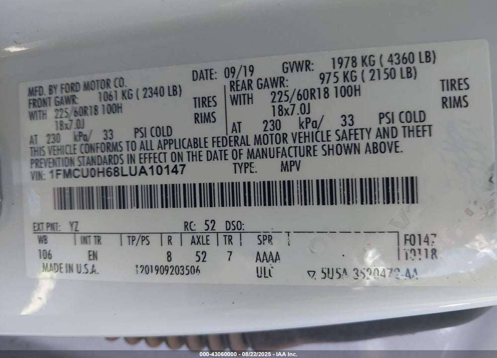 2020 FORD ESCAPE VIN: 1FMCU0H68LUA10147