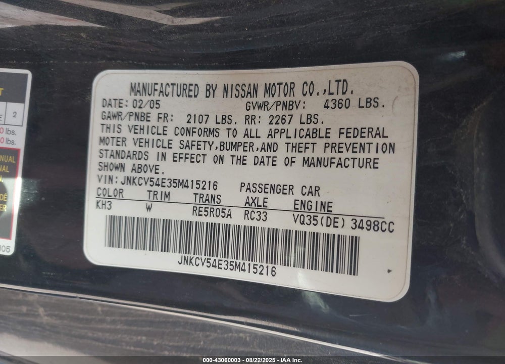 2005 INFINITI G35 VIN: JNKCV54E35M415216