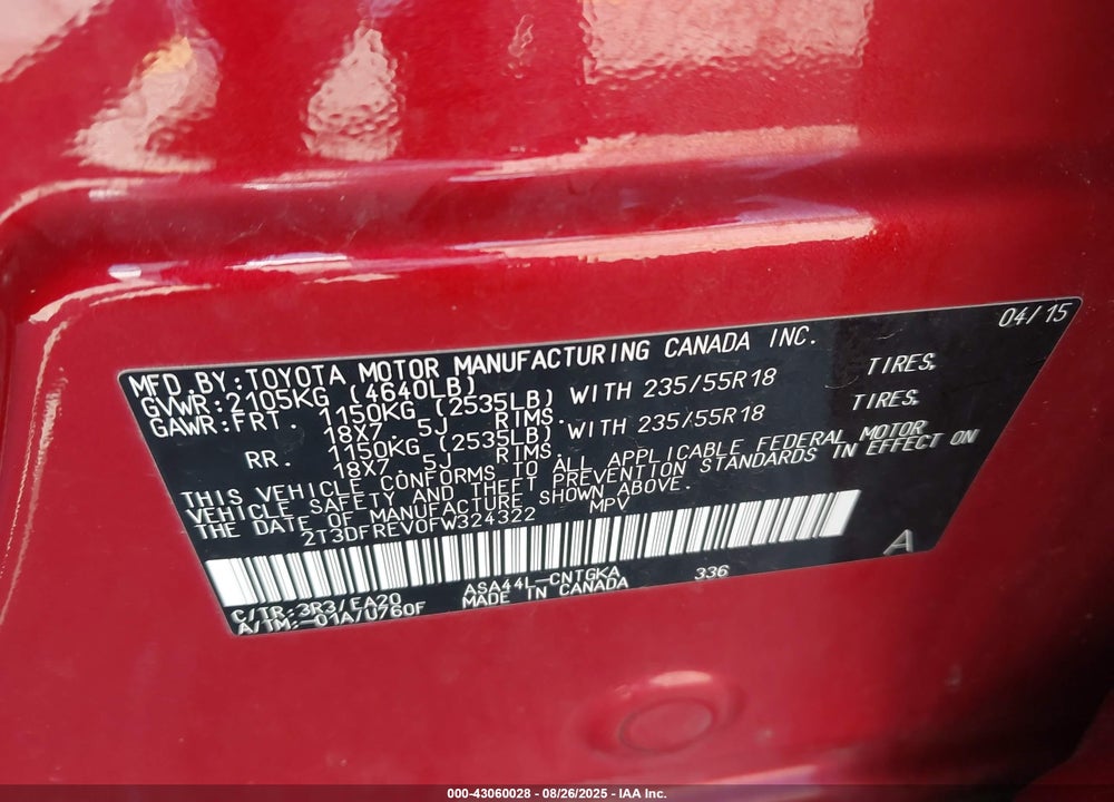 2015 TOYOTA RAV4 VIN: 2T3DFREV0FW324322