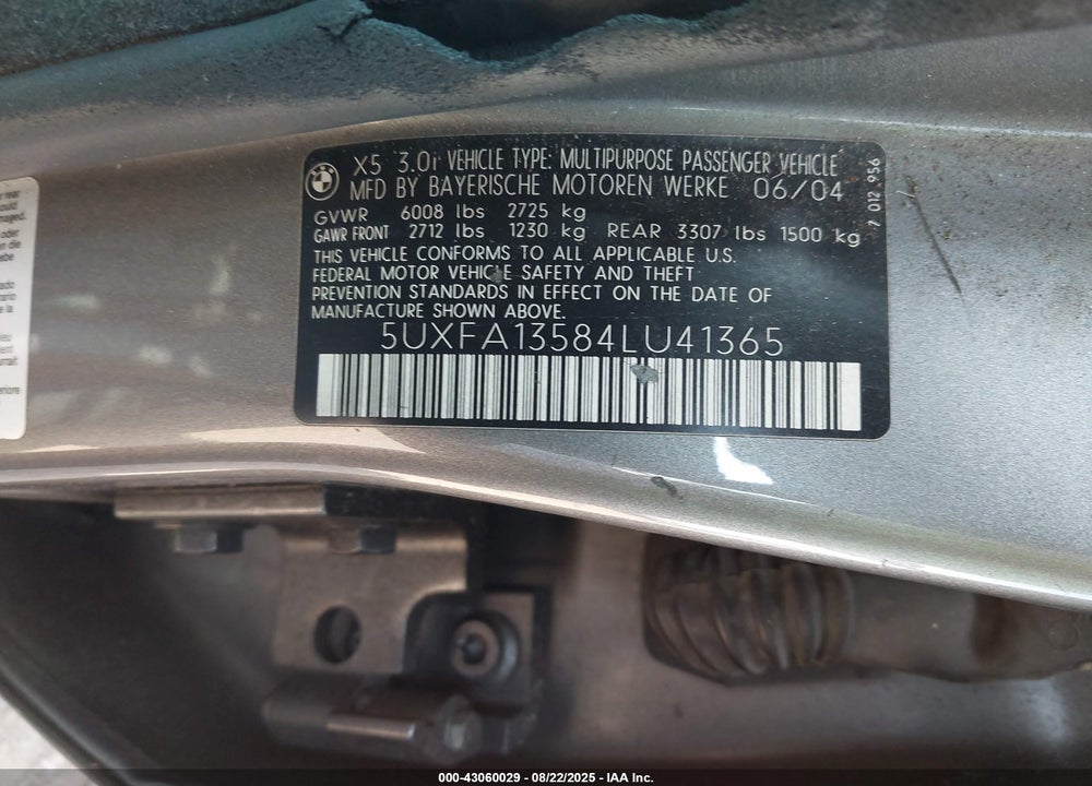 2004 BMW X5 3.0I VIN: 5UXFA13584LU41365