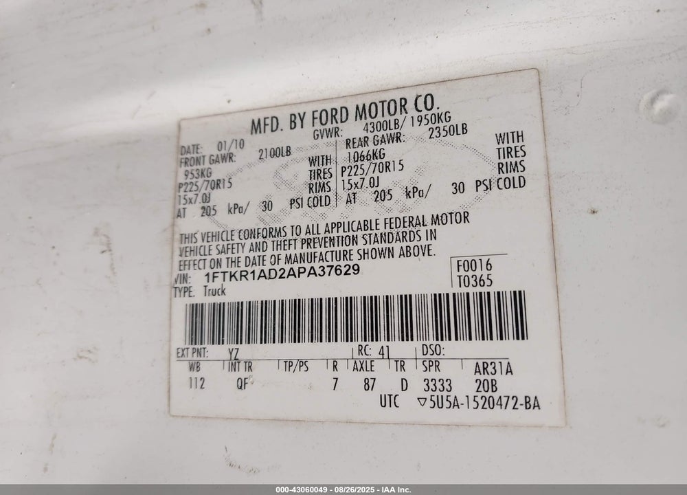 2010 FORD RANGER VIN: 1FTKR1AD2APA37629