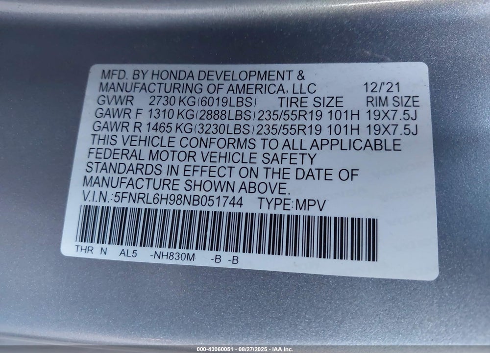 2022 HONDA ODYSSEY ELITE VIN: 5FNRL6H98NB051744