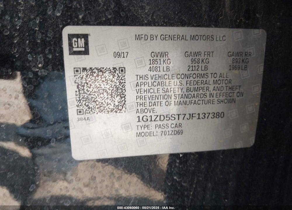 2018 CHEVROLET MALIBU VIN: 1G1ZD5ST7JF137380