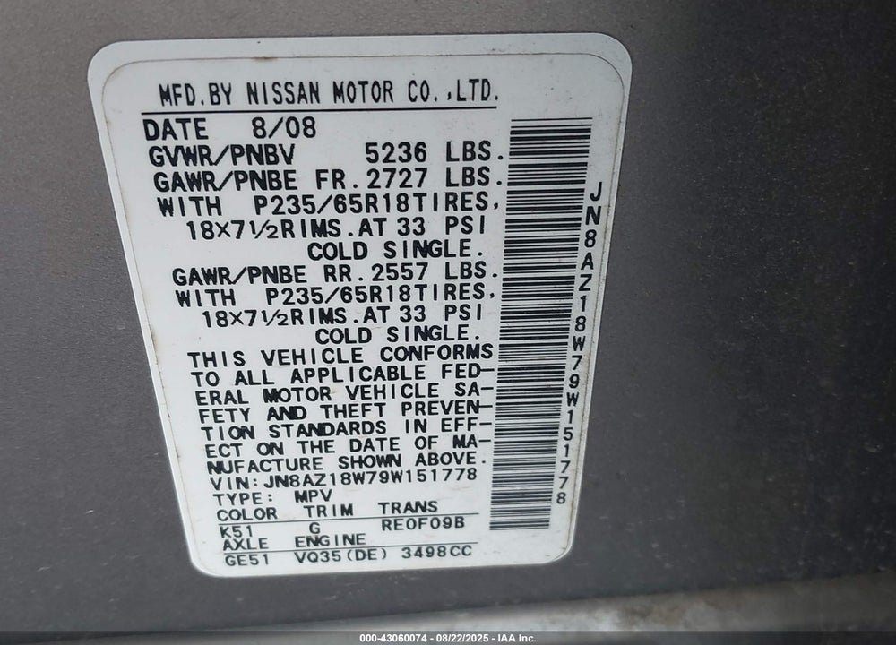 2009 NISSAN MURANO S VIN: JN8AZ18W79W151778