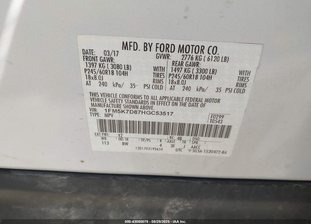 2017 FORD EXPLORER VIN: 1FM5K7D87HGC53517
