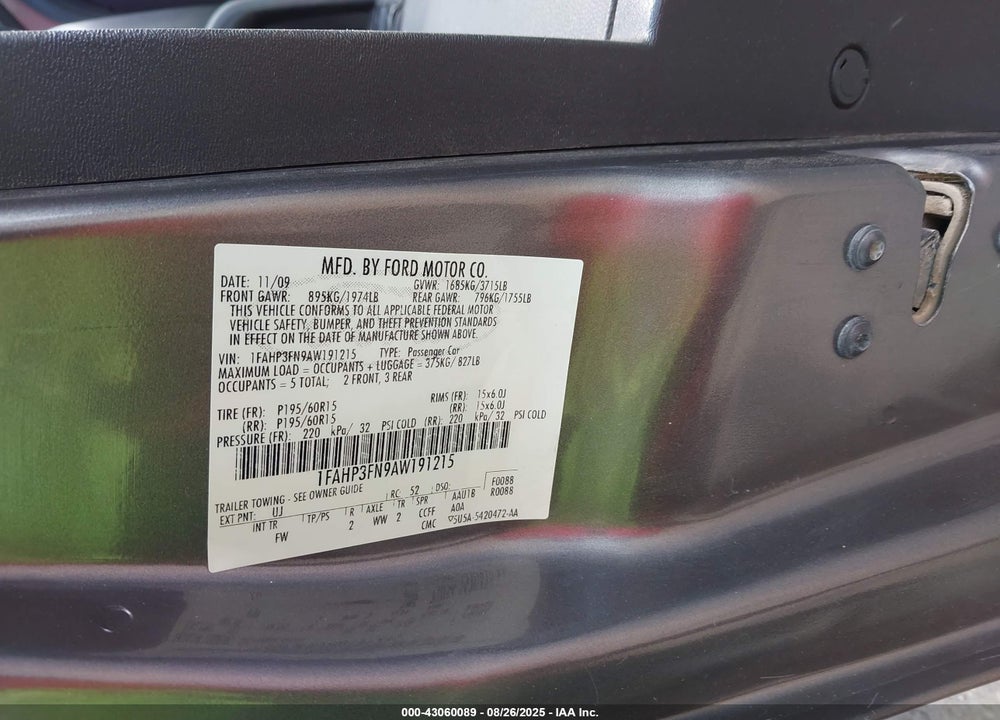 2010 FORD FOCUS VIN: 1FAHP3FN9AW191215
