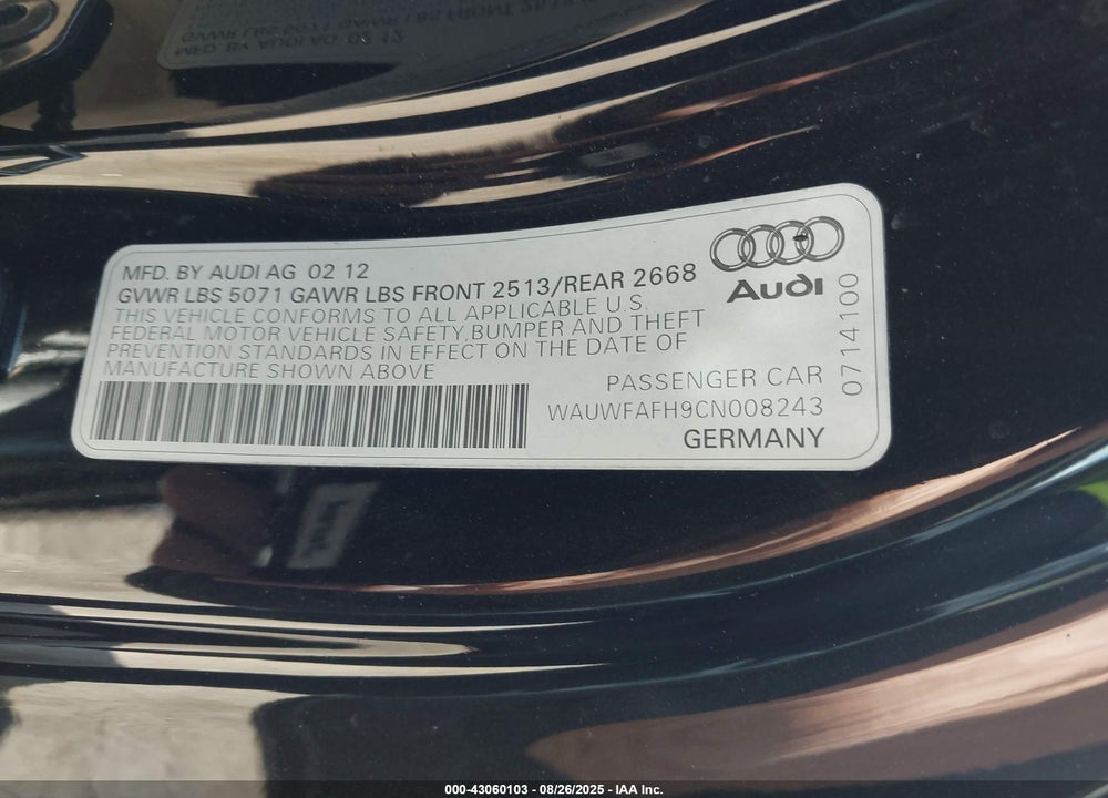 2012 AUDI A5 VIN: WAUWFAFH9CN008243