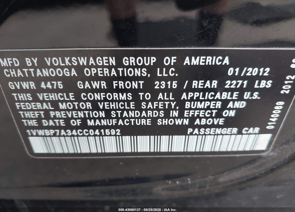2012 VOLKSWAGEN PASSAT VIN: 1VWBP7A34CC041592