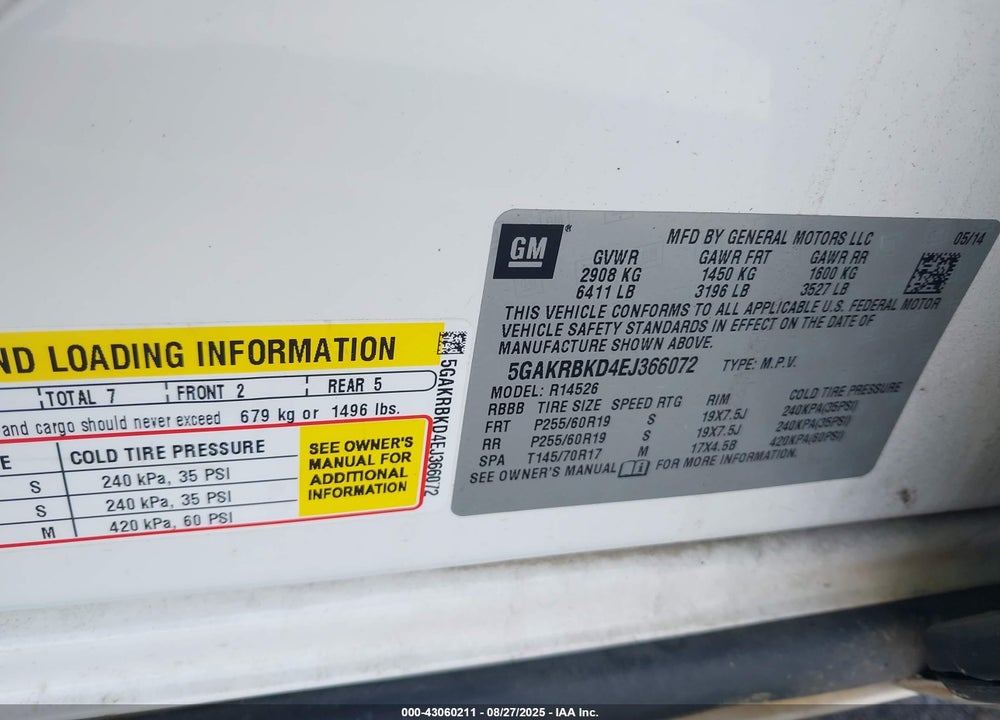 2014 BUICK ENCLAVE VIN: 5GAKRBKD4EJ366072
