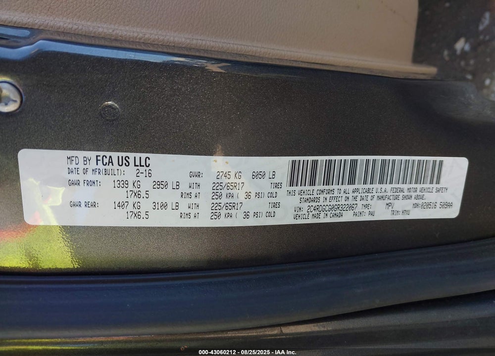 2016 DODGE GRAND CARAVAN SXT VIN: 2C4RDGCG0GR322067