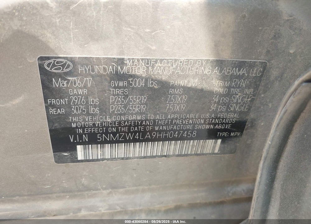 2017 HYUNDAI SANTA FE SPORT VIN: 5NMZW4LA9HH047458