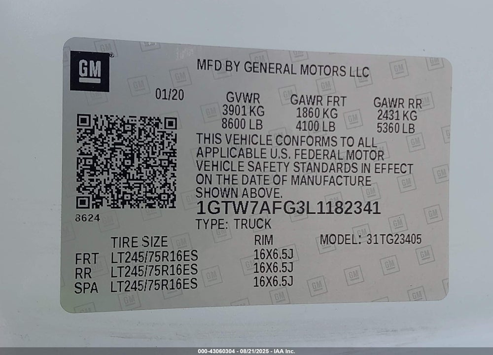 2020 GMC SAVANA CARGO RWD 2500 REGULAR WHEELBASE WORK VAN VIN: 1GTW7AFG3L1182341