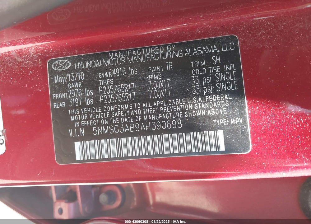 2010 HYUNDAI SANTA FE VIN: 5NMSG3AB9AH390698