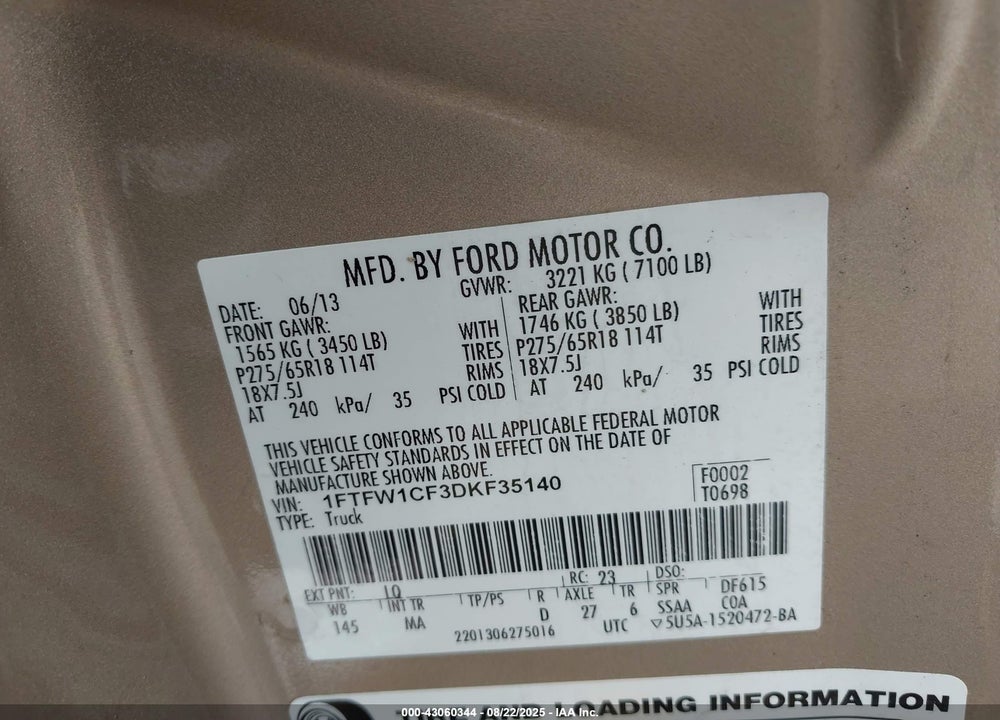 2013 FORD F-150 XLT VIN: 1FTFW1CF3DKF35140