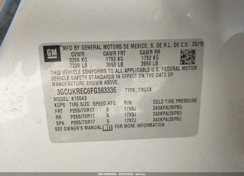 2015 CHEVROLET SILVERADO 1500 VIN: 3GCUKREC6FG383336