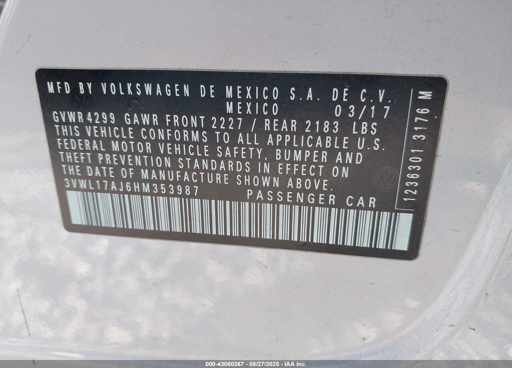 2017 VOLKSWAGEN JETTA VIN: 3VWL17AJ6HM353987