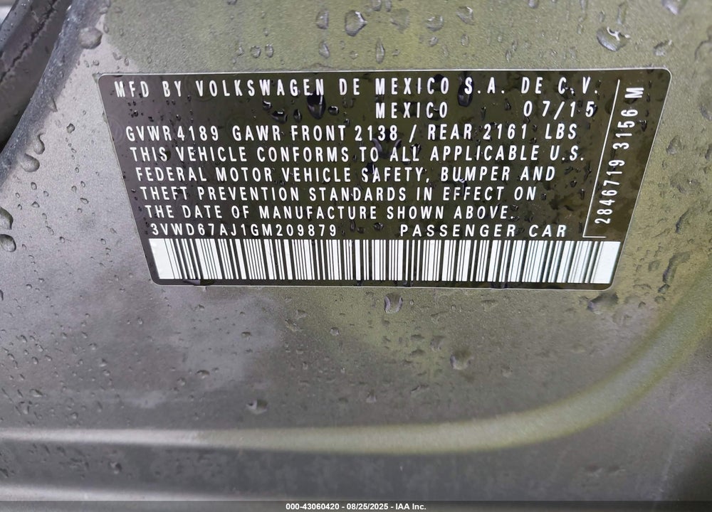 2016 VOLKSWAGEN JETTA VIN: 3VWD67AJ1GM209879