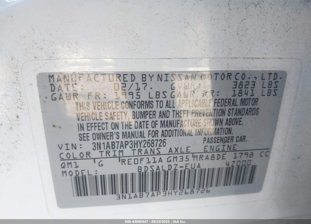 2017 NISSAN SENTRA VIN: 3N1AB7AP3HY268726