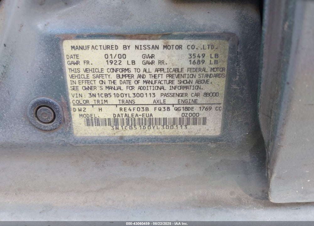 2000 NISSAN SENTRA GXE/XE VIN: 3N1CB51D0YL300113