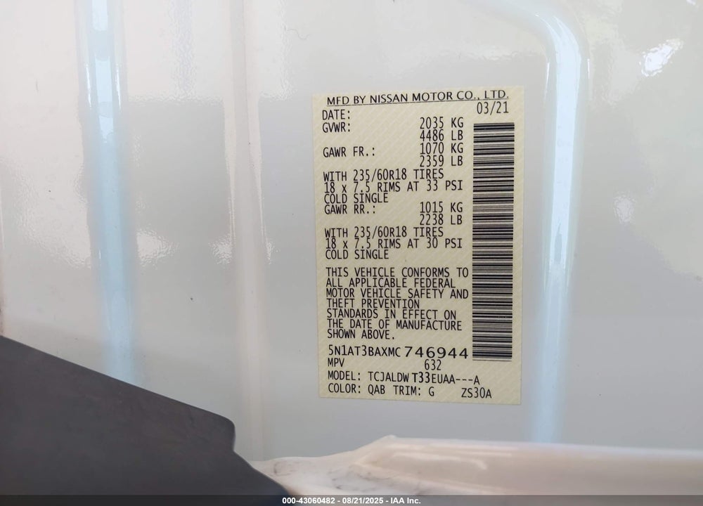 2021 NISSAN ROGUE VIN: 5N1AT3BAXMC746944