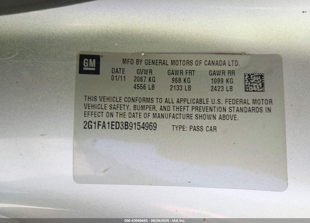 2011 CHEVROLET CAMARO VIN: 2G1FA1ED3B9154969
