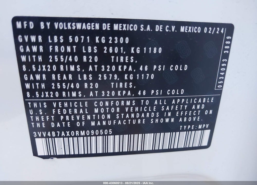 2024 VOLKSWAGEN TIGUAN VIN: 3VV4B7AX0RM090505
