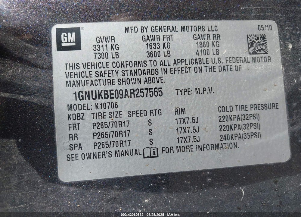 2010 CHEVROLET TAHOE VIN: 1GNUKBE09AR257565
