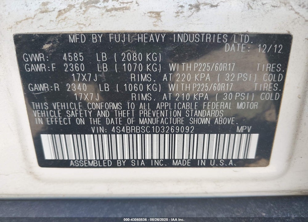 2013 SUBARU OUTBACK 2.5I LIMITED VIN: 4S4BRBSC1D3269092