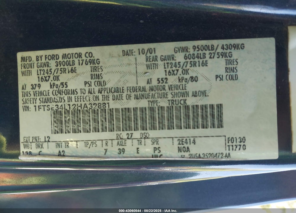 2002 FORD E-350 SUPER DUTY COMMERCIAL/RECREATIONAL VIN: 1FTSE34L12HA32881