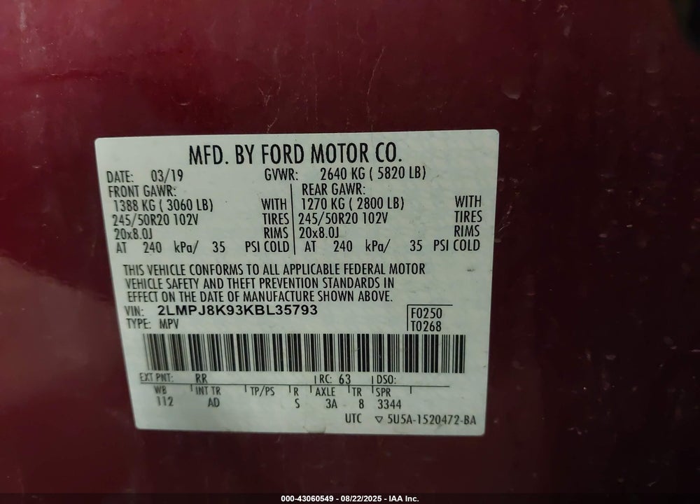 2019 LINCOLN NAUTILUS VIN: 2LMPJ8K93KBL35793