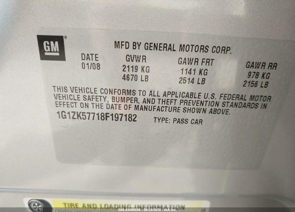 2008 CHEVROLET MALIBU VIN: 1G1ZK57718F197182