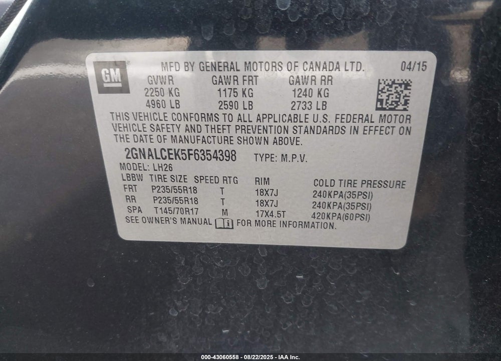 2015 CHEVROLET EQUINOX 2LT VIN: 2GNALCEK5F6354398